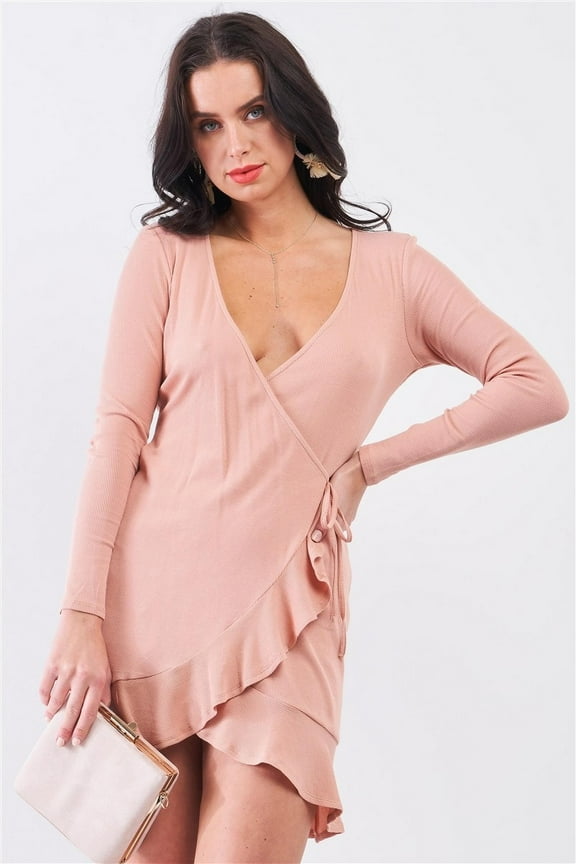 Tan Blush Ribbed Deep Plunge V-neck Asymmetrical Wrap Flare Hem Dress M
