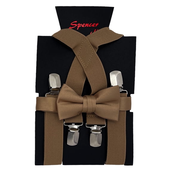 Tan Boys Suspenders and Bow Tie Set 1 inch X Back