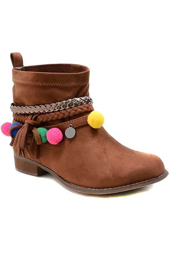 Tan Braided Anklet Removable Pom Pom Charm Vegan Boots