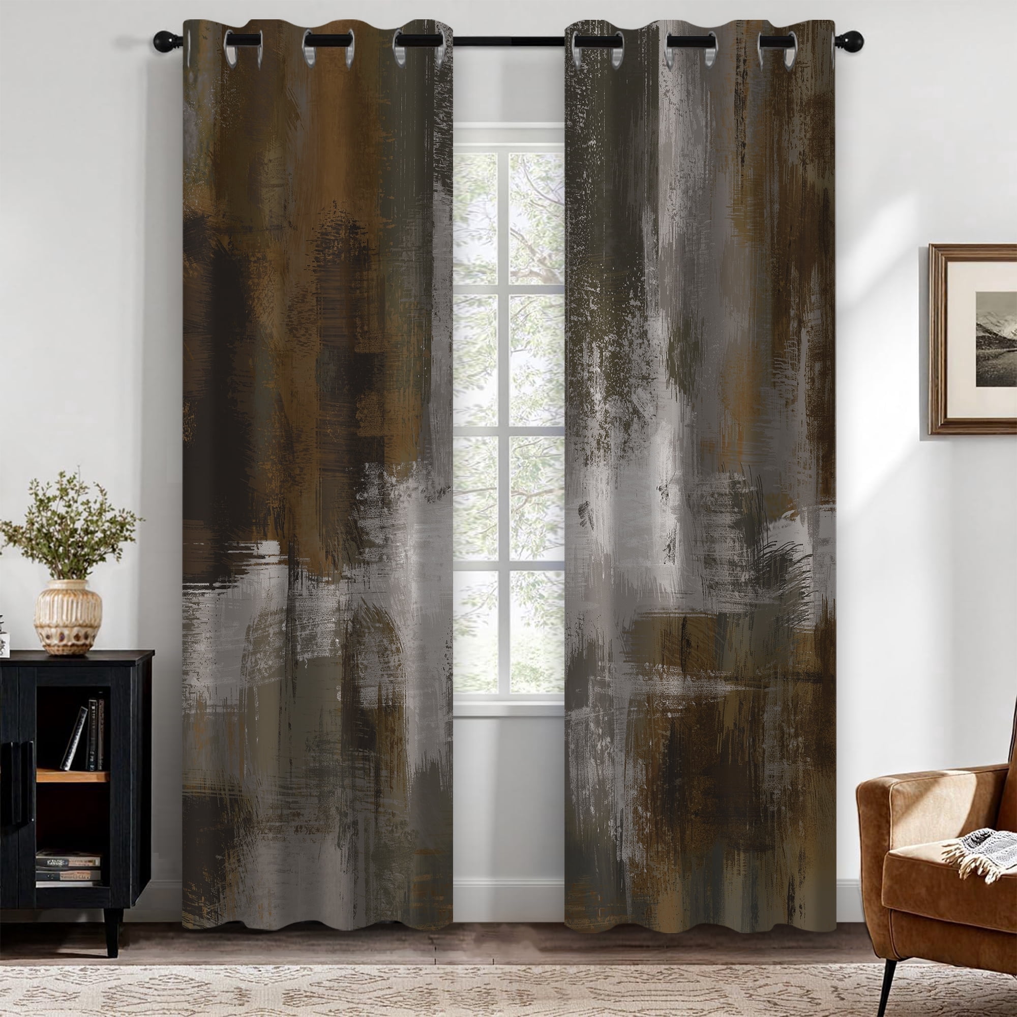 Tan Brown Blackout Curtains, Abstract Rust Modern Art Painting Decor for Living Room, Thermal Insulated Grommet Window Curtains for Bedroom 52X84 in