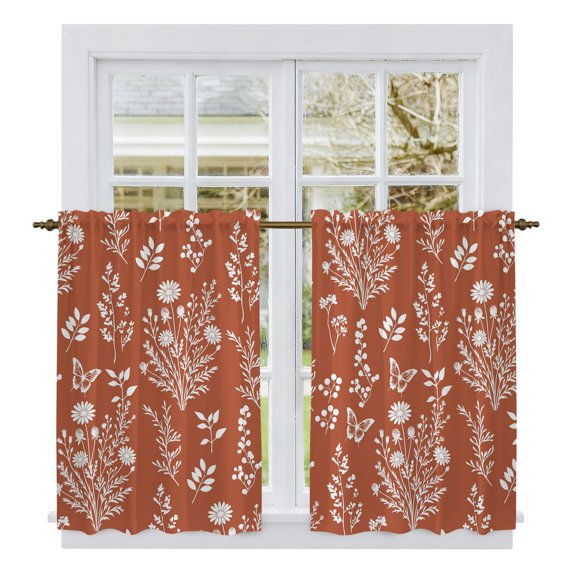 Tan Brown Botanical Kitchen Curtains 54 Inch Length, Spring Summer Chic Wildflowers Tiers Curtains for Bathroom Bedroom Cafe, Light Filtering Small Window Treatment Short Drapes 2 Panels 42"Wx54"L