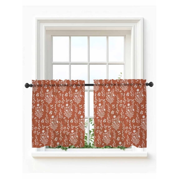 Tan Brown Botanical Tier Curtains 24 Inch Length,Sheer Curtains for Bedroom Living Room Window Spring Summer Chic Wildflowers Rod Pocket Drapes Kitchen Curtains Small Half Window 27.5"x24" 2 Panels