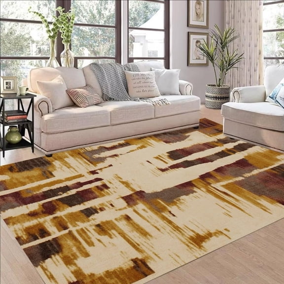 Tan Brown Distressed Area Rugs, Canvas Abstract Art Design Carpet, Washable Non Slip Low Pile Rug for Living Room Bedroom Office Decor Mat 5x8ft