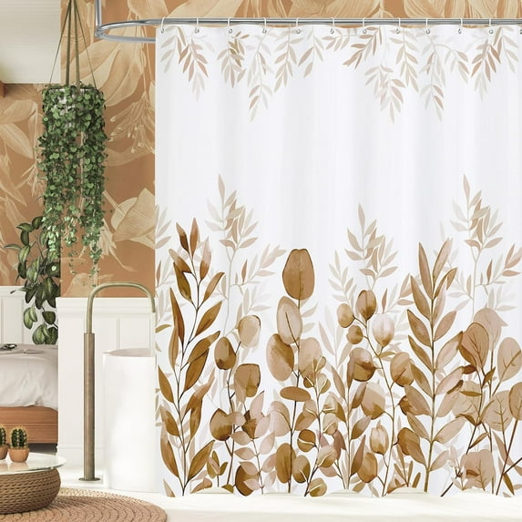 Tan Brown Eucalyptus Shower Curtain, Plant Leaves Fabric Cloth Shower Curtains for Rustic Vintage Bathroom Decor, Modern Chic Botanical Shower Curtain, 72x72
