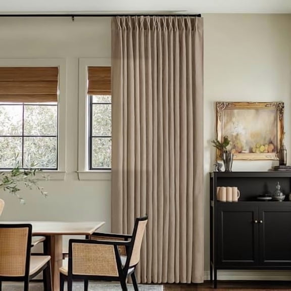 Tan Brown Linen Pinch Pleated Curtains 108 Inches Long 2 Panels for Living Room Bedroom Light Filtering Drapes 108 Inch Length Light Brown Latte Semi Sheer Memory Shape Trained Ceiling Floor Curtain