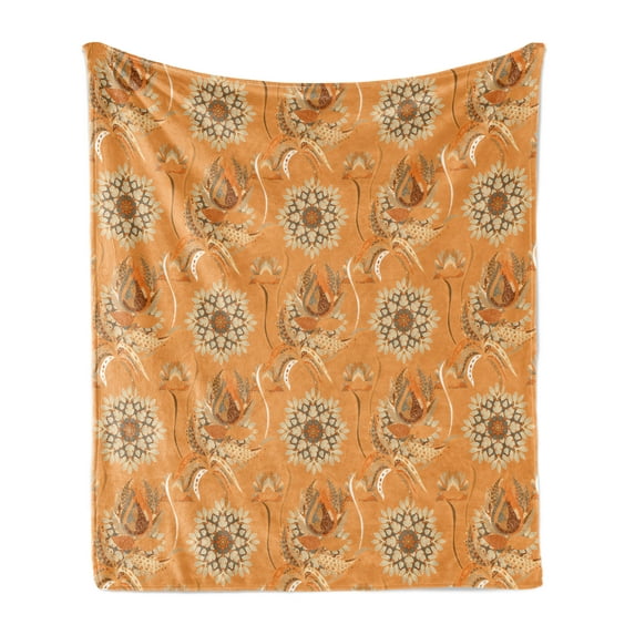 Tan and Brown Soft Flannel Fleece Throw Blanket, Ornamental Ottoman Garden Pattern with Tulips and Blossoming Flowers, Cozy Plush for Indoor and Outdoor Use, 50" x 60", Orange Tan Brown, by Ambesonne
