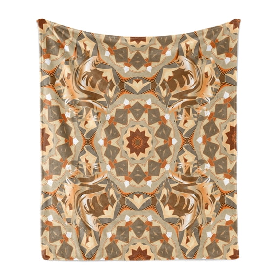 Tan and Brown Soft Flannel Fleece Throw Blanket, Traditional Round with Retro Floral Elements Abstract Style, Cozy Plush for Indoor and Outdoor Use, 50" x 70", Multicolor, by Ambesonne