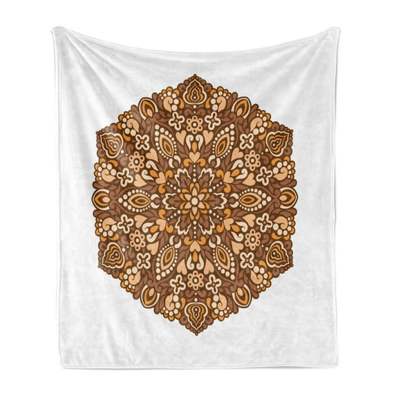 Tan and Brown Soft Flannel Fleece Throw Blanket, Vintage Ornate Floral Mandala Round Motif from Culture, Cozy Plush for Indoor and Outdoor Use, 50" x 60", Tan Brown Orange, by Ambesonne