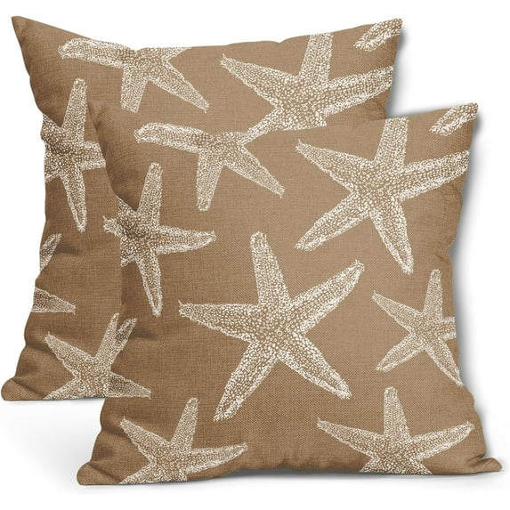 Tan Brown Starfish Ocean Pillow Covers 18X18 Inch Summer Nautical Coastal Beach Decorative Pillow Cases Set of 2 Cotton Linen Throw Pillows Seasonal Home Decor for Sofa Couch Cushion Outdoor