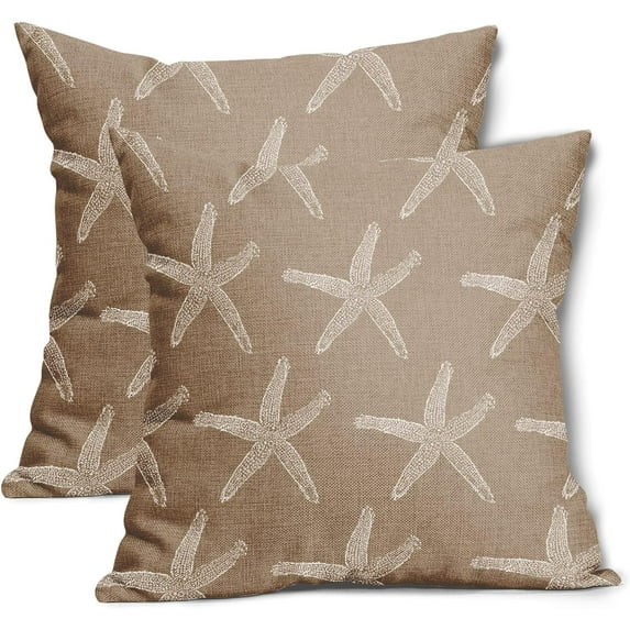 Tan Brown Starfish Pillow Covers 16X16 Inch Coastal Beach Nautical Couch Pillow Cases Summer Ocean Linen Throw Pillows Set of 2 Home Decor for Living Room Bedroom Cushion Outdoor