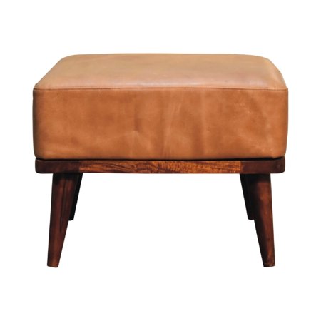 Tan Buffalo Leather Footstool | Functional and Stylish for Home Decor | Wood Main Material with Leather Filler | Adds Sophistication to Any Room