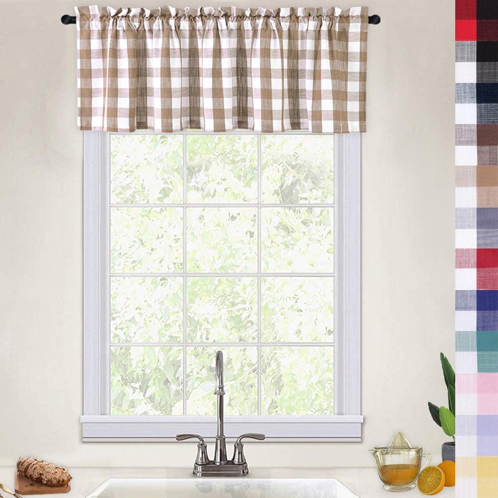 Tan Buffalo Plaid Valances for Kitchen, Thick Buffalo Check Gingham Valance  Curtains for Windows Kitchen Cafe Curtains, 52x15 Inches 