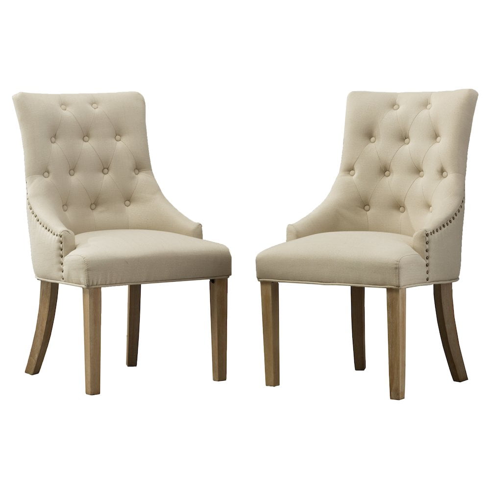 Roundhill Furniture Button Tufted Solid Wood Wingback Hostess Chairs with Nail Heads Set of 2 Tan