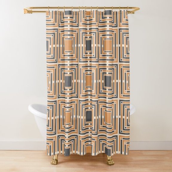 Tan, Charcoal Gray and White Layered Rectangle Maze Shower Curtain, 100% Polyester, Geometric Bathroom Decor