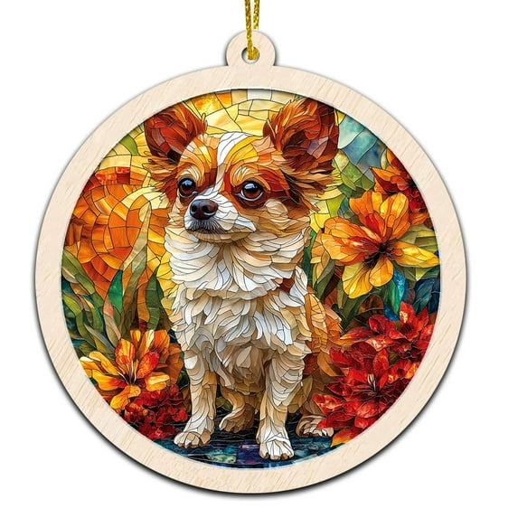 Tan Chihuahua Stained Glass Suncatcher Ornament – Holiday Ornament with Text for Loved Ones, Family & Friends, Christmas 2025 Decoration