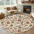 thumbnail image 1 of Tan Coffee 6ft Round Rugs, Vintage Latte Cafe Books Leaves Flowers Theme Washable Non-Slip Area Rugs for Living Room Bedroom Kitchen, Soft Low Pile Dining Room Kicthen Circle Carpet, Indoor Floor Rug, 1 of 9