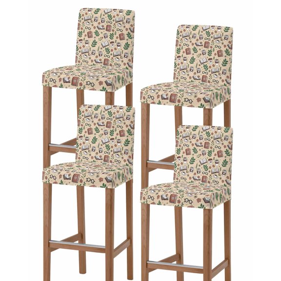 Tan Coffee Bar Stool Covers Set of 4, Vintage Latte Cafe Books Leaves Flowers Theme Stretch Washable Bar Chair Covers with Backs, Removable Pub Counter Height Chair Cover for Kitchen Dining Room Cafe