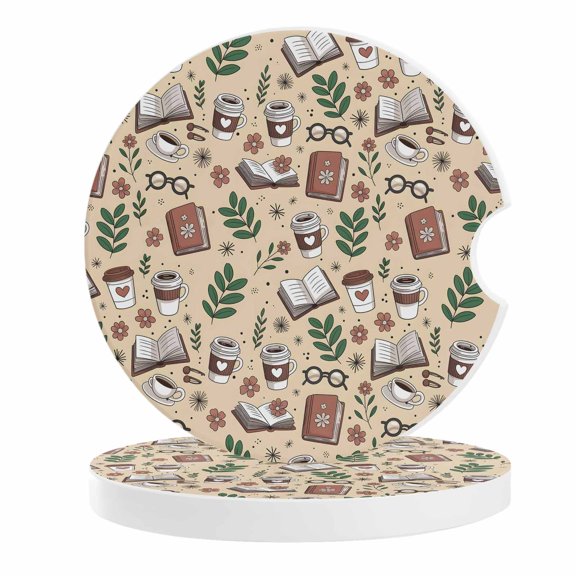 Tan Coffee Car Coasters for Cup Holders Set of 2 Absorbent, 2.56" Ceramic Drinks Cupholder Coasters with Finger Notch Vintage Latte Cafe Books Leaves Flowers Theme Auto Interior Accessories for Women