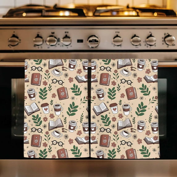 Tan Coffee Kitchen Towels Set of 1, Vintage Latte Cafe Books Leaves Flowers Theme Absorbent Dish Towels for Kitchen, Microfiber Hand Towel, Quick Drying Tea Towel for Cleaning Decorative Dishcloths