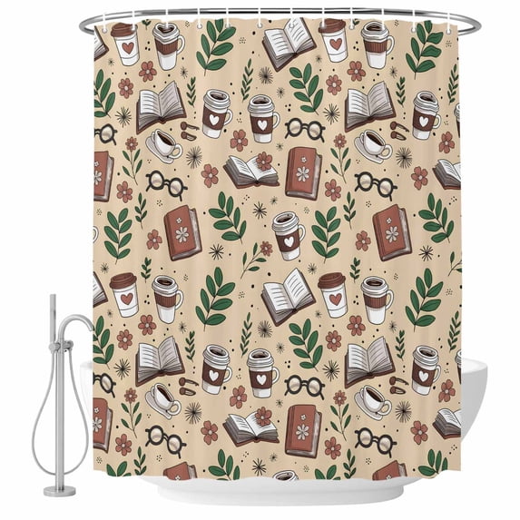 Tan Coffee Shower Curtain, Waterproof Shower Curtains for Bathroom, Vintage Latte Cafe Books Leaves Flowers Theme Washable Fabric Bathtub Curtain Set Bath Decor with 12 Hooks Standard 72"x72"