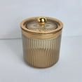 thumbnail image 1 of Tan Colored Tranlucent Apothecary Ribbed Geometric Etched Glass Jar W/Gold Metal Lid Cover for Bathroom Organization, Cotton Balls, Q Tips, and Small Accessories, Bathroom Storage, 1 of 5