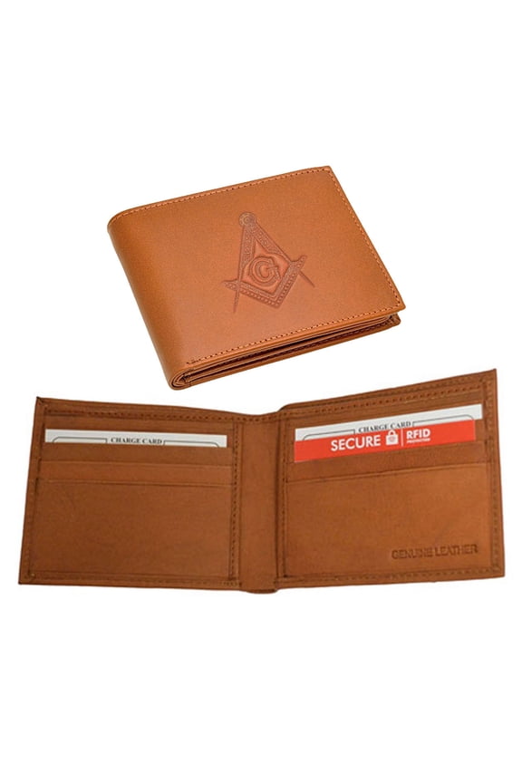 Tan Compass and Square Masonic Leather Bi-Fold Wallet - Freemasons Symbol Logo
