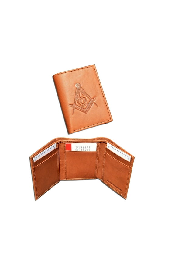 Tan Compass and Square Masonic Leather Tri-Fold Wallet - Freemasons Symbol Logo