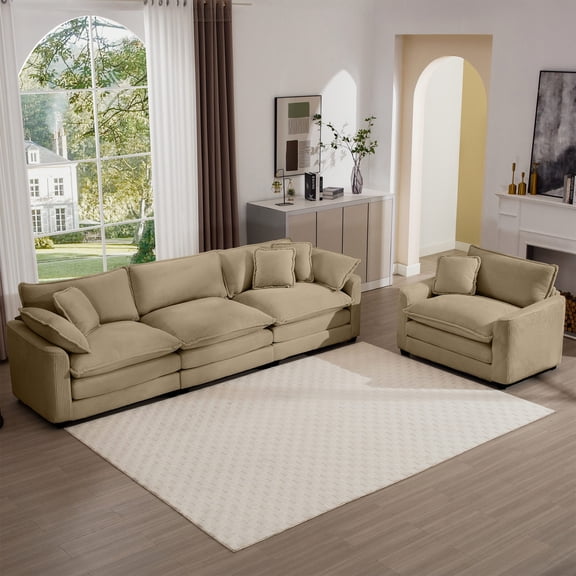 Tan Corduroy 2-Piece Sectional Set for Living Room / Retro & Modern Design with Ergonomic Comfort