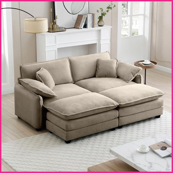 Tan Corduroy 2-Seater Theater Sofa with Footrests – Retro-Modern Style for Small Living Spaces