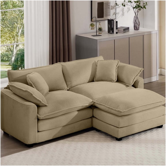 Tan Corduroy L-Shaped Sofa with Ottoman, 2-Seater Convertible Sectional Couch for Small Spaces, Modern Retro Design with Memory Foam