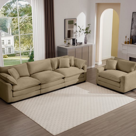Tan Corduroy Living Room Sectional : 3 And Single With Comfortable Armrest Pillows Mid-century Modern : Corduroy, & For