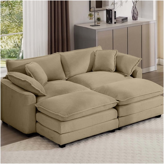 Tan Corduroy Loveseat Sofa with Ottoman, 2-Seater Couch for Compact Spaces, Modern Retro Design with Memory Foam Cushions