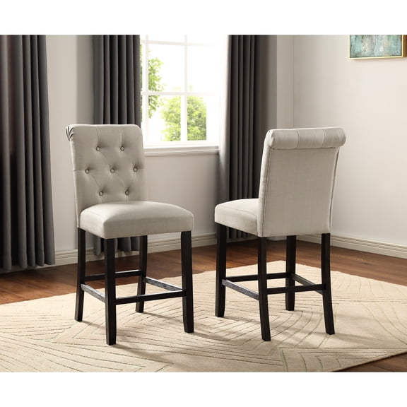 Tan Counter Height Stools, Padded Elegant Design, Finish Of 2 Soft Upholstery, Slightly Curved High-back