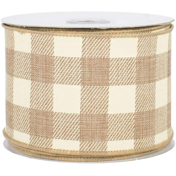 Tan & Cream Buffalo Plaid Ribbon- 2 1/2" x 10 Yards, Wired Edge Ribbon, Wedding, Fall, Thanksgiving, Christmas, Wreath