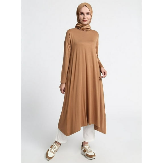 Tan - Crew neck - Viscose - Tunic - Everyday Basic