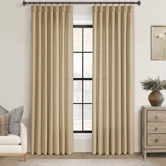 Tan Curtains, 84 Inches Long, 2 Panel Set, Camel Beige Rustic Farmhouse Pinch Pleated, Light Filtering Linen, with Pinch Pleat Clips