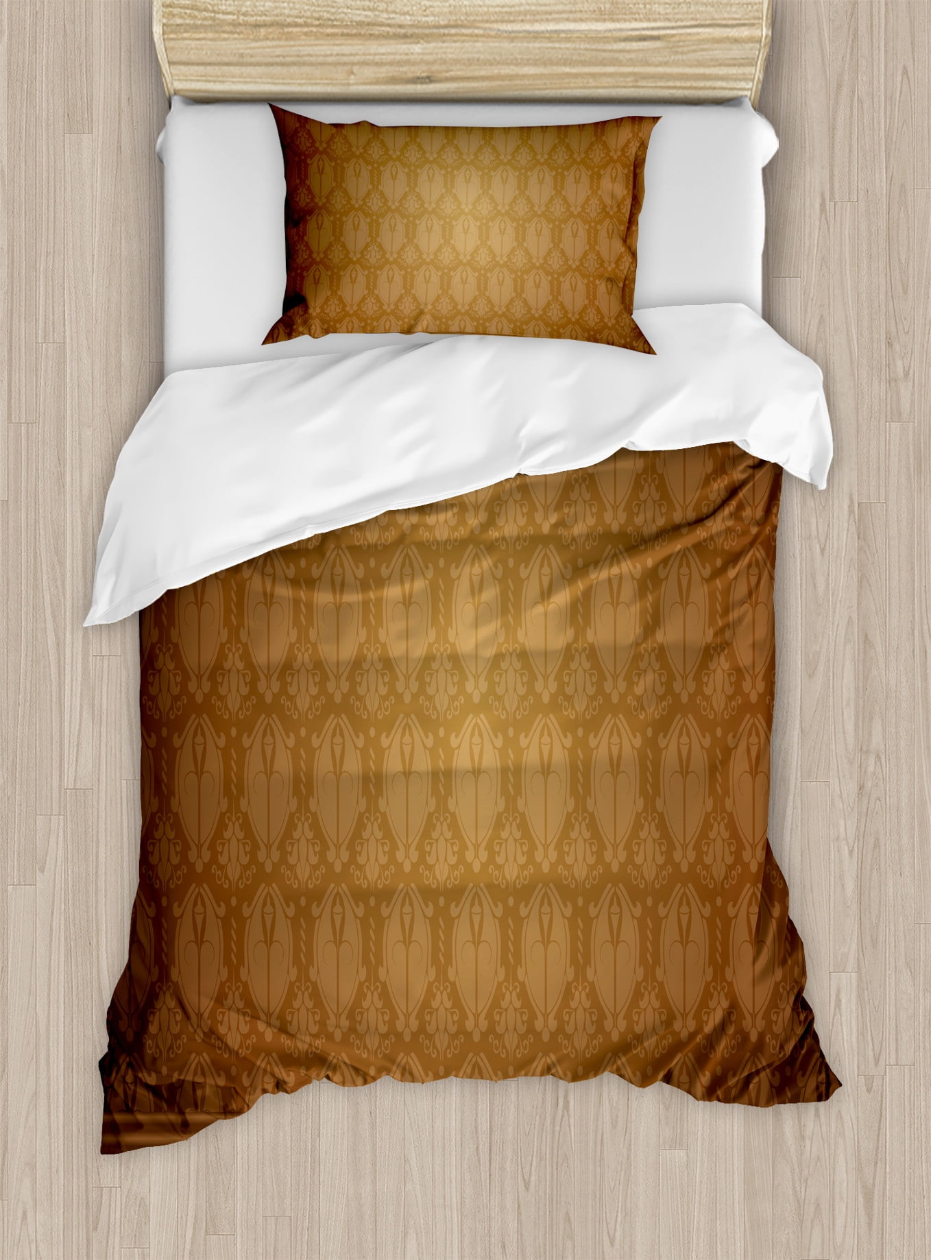 Twin Brown Tan Damask Duvet Cover Set with Pillow Sham