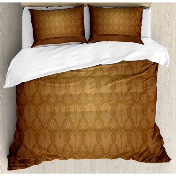 Tan Duvet Cover Set, Antique Motifs with Damask Flowers Victorian Elements Royal Aged Vintage Art, Decorative 3 Piece Bedding Set with 2 Pillow Shams, King Size, Brown Tan, by Ambesonne