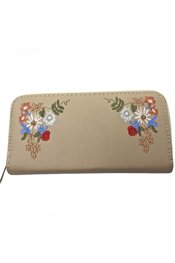 Tan Embroidered Flower Zip Wallet Clutch Easy to Hold & Carry 7.5 x4"