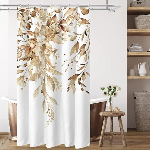 Tan Eucalyptus Shower Curtain Sets, Watercolor Light Brown Leaves on The Top Plant with Floral Bathroom Decoration 36x72 Inch with Hooks