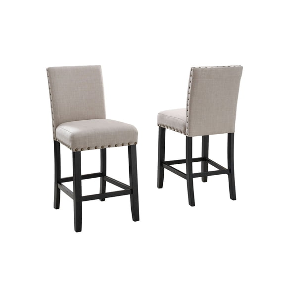 Tan Fabric Counter Height Stools with Nailhead Trim, Set of 2