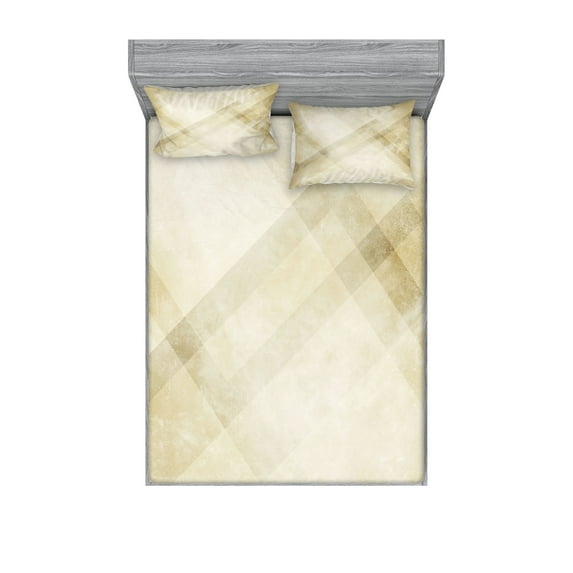 Tan Fitted Sheet & Pillow Sham Set, Striped Vintage Faded Squares Angled Lines Dated Antique Display with Modern Pattern, Decorative Printed 6 Piece Bedding Decor Set, Full, Beige Tan, by Ambesonne