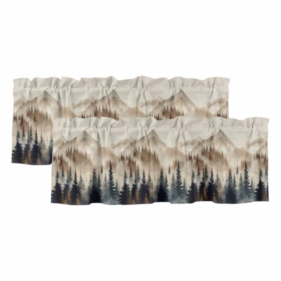 Tan Forest Curtain Valances for Windows, Kitchen Valance Window Treatments Panel 2 Pack, Trees Woods Vintage Natural Watercolor Rod Pocket Short Curtains for Bathroom Bedroom 42 x 12 Inch
