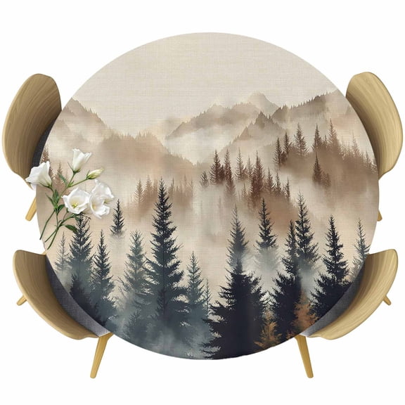 Tan Forest Round Tablecloth, Fitted Table Cover with Elastic for 45"-54" Round Tables, Trees Woods Vintage Natural Watercolor Table Cloth Outdoor Indoor Dinning Party Waterproof Tablecloths