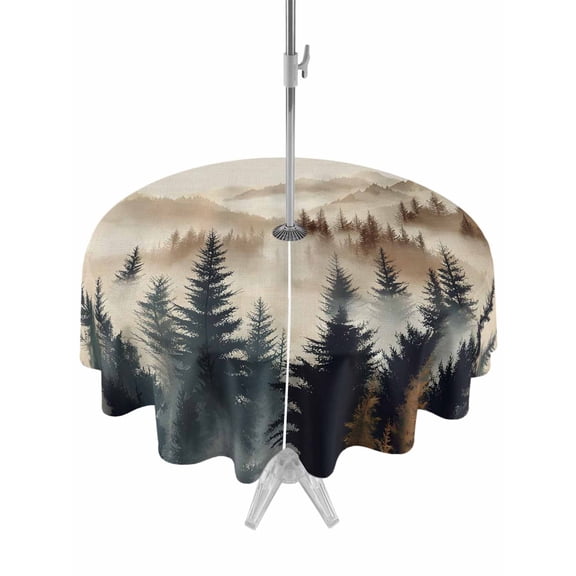 Tan Forest Table Cloth Round Tablecloth, Trees Woods Vintage Natural Watercolor Waterproof Wrinkleproof Table Cover with Umbrella Hole and Zipper for Party/Dining/Patio/Wedding 60 Inch