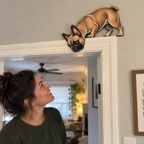 Tan French Bulldog Dog Door Topper Decor, Whimsical Peeking Pet Door Frame Corner Decoration for Doorway, Shelf, Window, Bedroom, Office and Animal-Themed Home Display