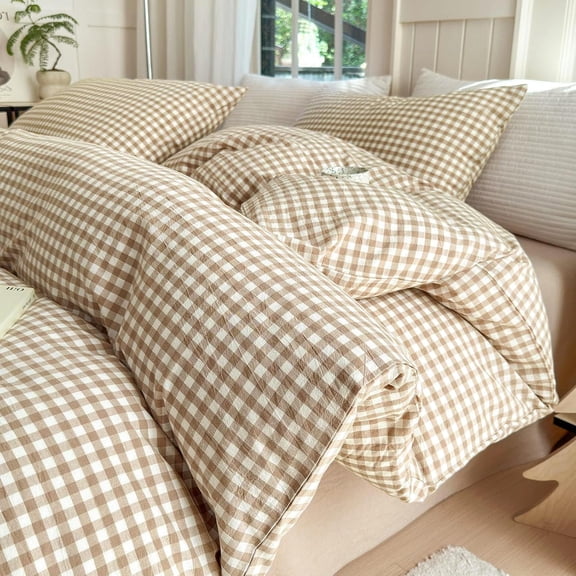 Tan Gingham Comforter Set King Modern Style Beige Plaid Comforter Set 3 Pieces Soft Fluffy Grid Checkered Pattern Comforter with 2 Pillowcases Farmhouse Gingham Plaid Bedding Set King