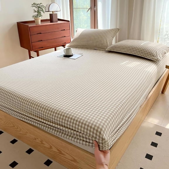 Tan Gingham Fitted Sheet King 100% Washed Cotton Taupe Plaid King Bed Sheet Grid Single Bottom Sheet with 15" Deep Pocket Gingham Bedding Grid Sheet 1 Piece Cotton Breathable Mattress Cover