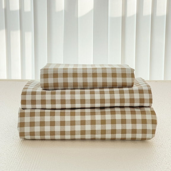 Tan Gingham Full Sheet Set, Soft Brushed Microfiber Taupe Plaid Sheets, 4-Piece Brown Grid Set with Deep Pocket