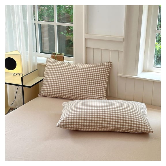 Tan Gingham Pillowcases Set Farmhouse Standard Size Pillow Shams Taupe Plaid Pillowcases Set of 2, Grid Checkered Gingham Washed Cotton Pillow Covers with Envelope Closure, 20"26"